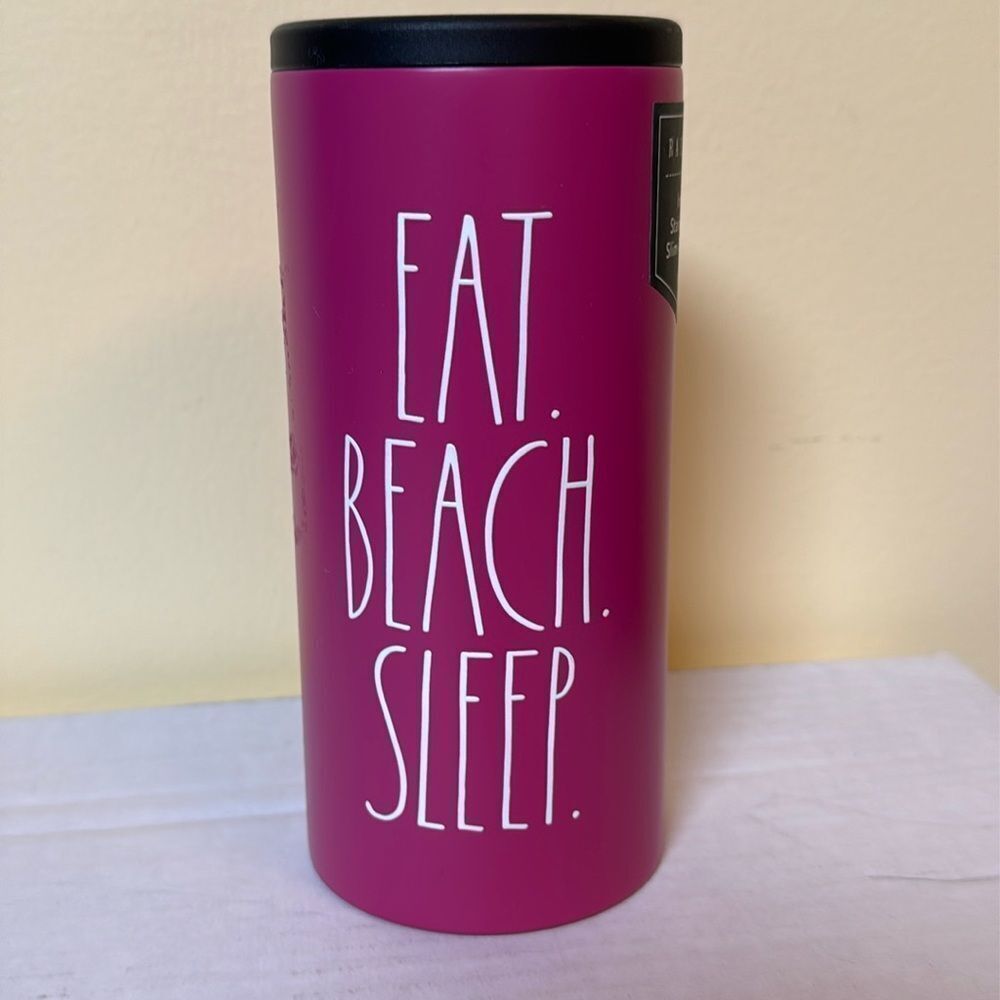 NEW Rae Dunn Pink Eat Beach Sleep Insulated 12oz Can Cooler Stainless Steel D26